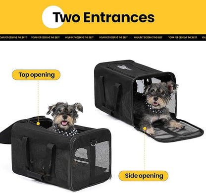 Dog Carrier Soft Sided, Large Cat Carrier with Inner Safety Leash, Pet Transport Carrier for Large Cats and Medium Dogs up to 20 Lbs, Collapsible Travel Puppy Carrier Bag -Black L