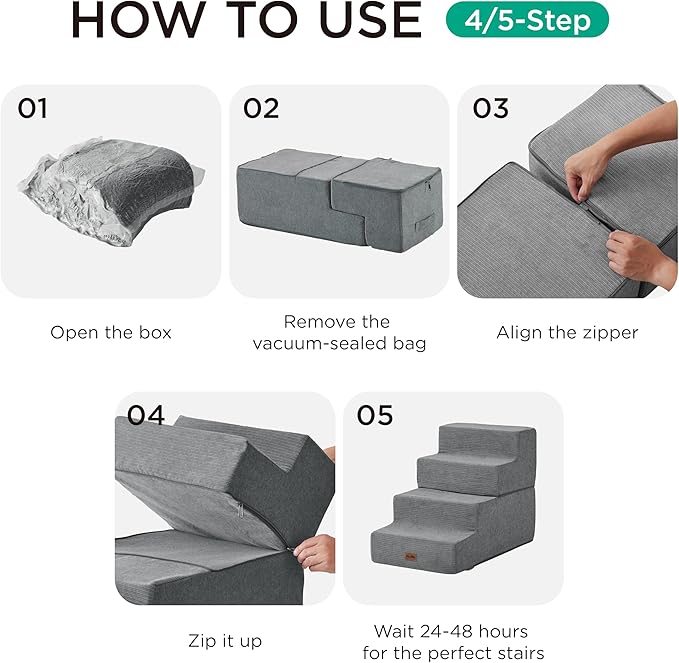 Made4Pets Dog Steps for Bed, Extra Wide Dog Stairs for High Bed Couch Sofa, 35D Foam Pet Steps for Small Dogs and Cats(Up to 40lbs), Non-Slip Bottom Pet Stairs, Grey, 4 Steps