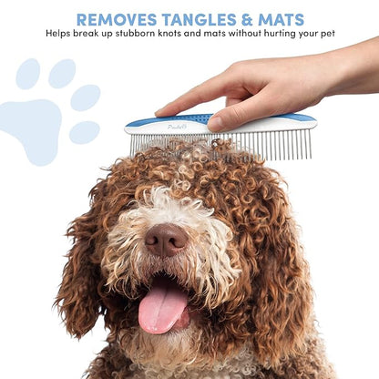 Poodle Pet Dog Combs for Grooming | 2 Pack | Stainless Steel Teeth Easily Remove Dirt | Proper Care Prevents Knots and Mats for Long and Short Haired Pets | Anti-Slip Comfort Grip Handle (Blue)