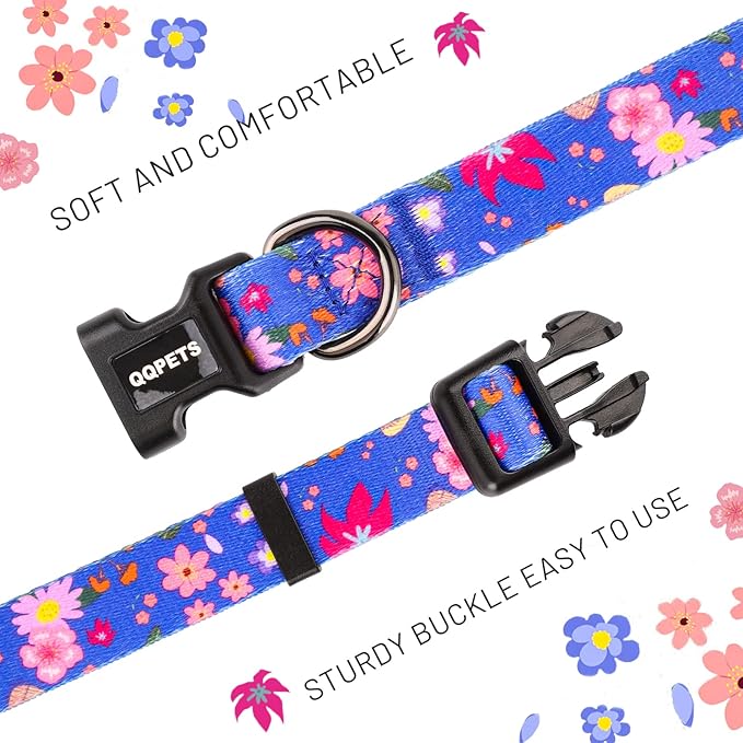 QQPETS Adjustable Soft Dog Collar: Print Flower Pink Multicolor Cute Patterns for XS Small Medium Large Pet Girl Boy Puppy Walking Running Training (S, Cornflower Blue)