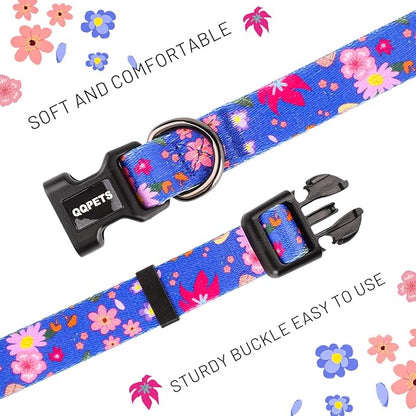 QQPETS Adjustable Soft Dog Collar: Print Flower Pink Multicolor Cute Patterns for XS Small Medium Large Pet Girl Boy Puppy Walking Running Training (S, Cornflower Blue)