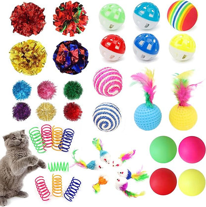 Cat Toys Assortment - Interactive Kitten Toy Bundle with Sparkle Pom Pom Balls, Crinkle Balls & Spring Toys for Indoor Cats(38-Pack)