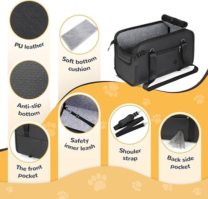 YUDODO Large Dog Car Seat for Center Console (Width＞9.5in) Fits 10-18lbs, Anti-Slip Puppy Cat Travel Portable Booster Seat, Luxury Pet Car Bed Carseat PU Leather Black