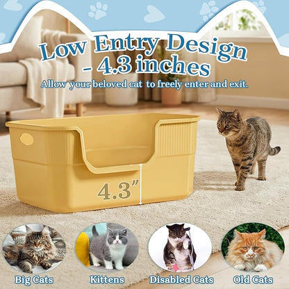 Low Entry Litter Box for Kittens & Senior Cat, High Sided Kitty Litter Boxes with Handle, Anti-Splash Plastic Large Litter Tray Pan for Big Cats, Easy to Clean, 19.6" L*13.7" W*8.6" H (Yellow)