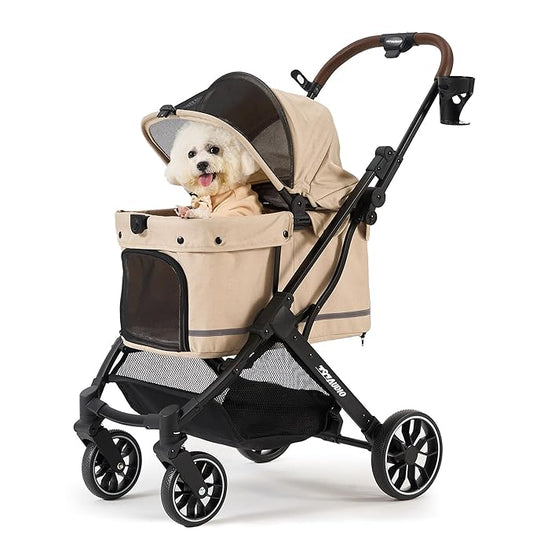 797Audio Dog Stroller for Small Medium Dogs,Pet Stroller for Cats Puppy Up to 121lbs,Foldable,One Click Folding,4 Wheel Shock Absorption,Adjustable Canopy with Sun Shades,Removable Washable Pad(Cream)