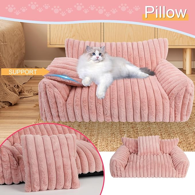 Cute Cat Couch Bed for Indoor Cats, Fluffy Pet Cat Sofa with Premium Soft Corduroy Fleece, Cute Small Dog Beds for Small Dogs, Fuzzy Puppy Chair with Removable Washable Cover (24x18x10,Pink)