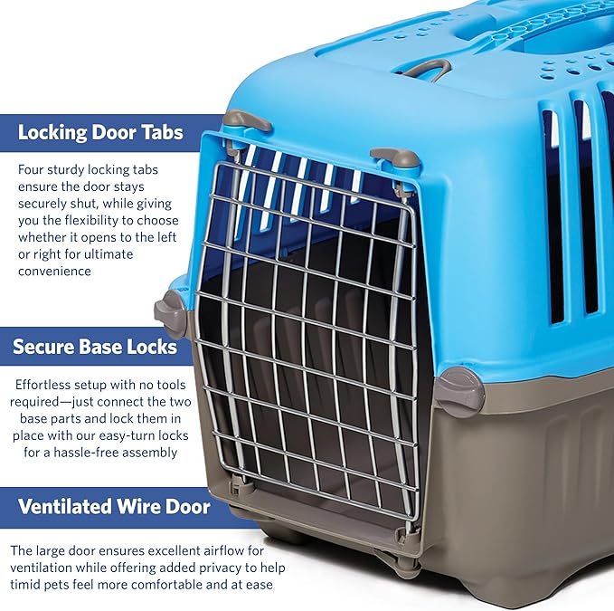 MidWest Homes for Pets Spree Travel Carrier – Hard-Sided Dog & Cat Carrier, Small Pet Travel Crate with Handle, Ventilated Design, Easy Assembly, 19-Inch, Blue