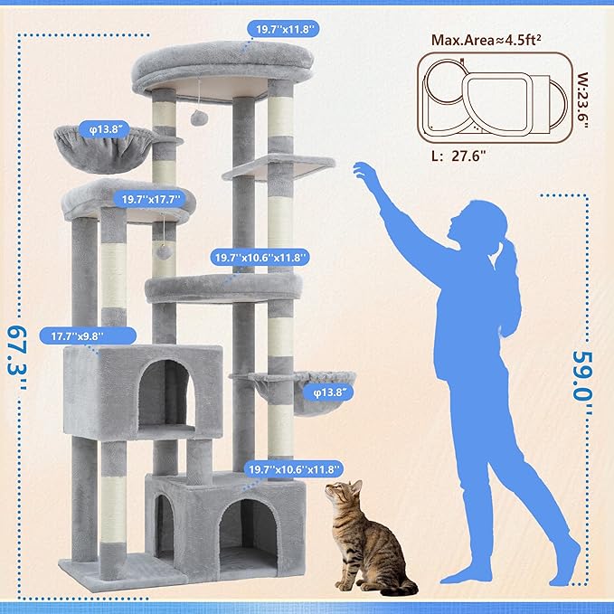 Hey-brother Cat Tree, 67.3 Inches Tower with 3 Soft Platform Beds, 2 Large Condos, 9 Sisal Scratching Posts, 2 Hammocks and Toys, Multi-Level Step House for Multiple Indoor Kittens, Light Gray MPJ084W