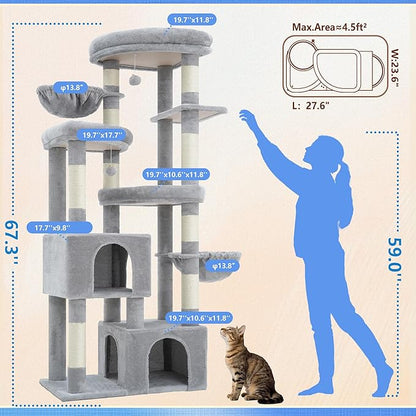 Hey-brother Cat Tree, 67.3 Inches Tower with 3 Soft Platform Beds, 2 Large Condos, 9 Sisal Scratching Posts, 2 Hammocks and Toys, Multi-Level Step House for Multiple Indoor Kittens, Light Gray MPJ084W