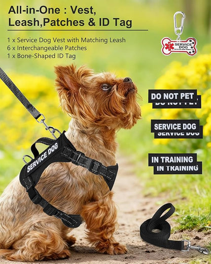 Service Dog Vest for Small Breed Dogs with ID Tag – Lightweight Puppy Harness and Leash Set with 6 PCS Patches, Ideal Service Animal Vest for Training, Complete Service Dog Gear, Black, S