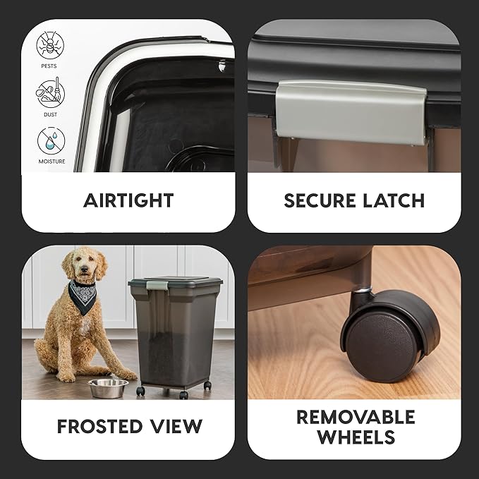 IRIS USA Dog Food Storage Container 58 Lb, Airtight Large Pet Food Storage Bin with Wheels, for Dog Cat Bird Chicken Food, Holds Up to 58 lbs, Keep Fresh, BPA Free, Made in USA, Black