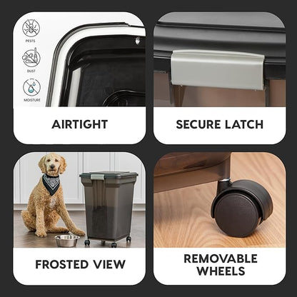 IRIS USA Dog Food Storage Container 58 Lb, Airtight Large Pet Food Storage Bin with Wheels, for Dog Cat Bird Chicken Food, Holds Up to 58 lbs, Keep Fresh, BPA Free, Made in USA, Black