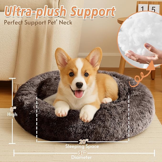 JOLLYVOGUE Calming Dog Bed Medium Size Dog, 31in Donut Washable Medium Pet Bed, Anti-Slip & Anti-Anxiety Fluffy Faux Fur Round Dogs Bed, Fits up to 45 lbs Pets (Chocolate)