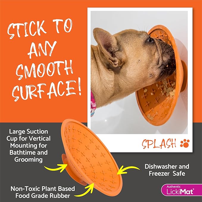 LICKIMAT Splash, Dog Slow Feeder Bowl Lick Mat, Boredom Anxiety Reducer, Sticks to Smooth Surface; Perfect for Food, Treats, Yogurt, or Peanut Butter. Fun Alternative to a Slow Feed Dog Bowl, Orange