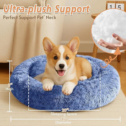 JOLLYVOGUE Calming Dog Bed Medium Size Dog, 31in Donut Washable Medium Pet Bed, Anti-Slip & Anti-Anxiety Fluffy Faux Fur Round Dogs Bed, Fits up to 45 lbs Pets (Navy Blue)