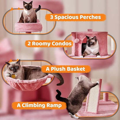 Yaheetech 68.5in Cat Tree for Large Cats, Multi-Level Cat Tower with 3 Wide Perches, Large Condo, Stable Pet Play House w/Sisal-Covered Scratching Posts & Board, Pink