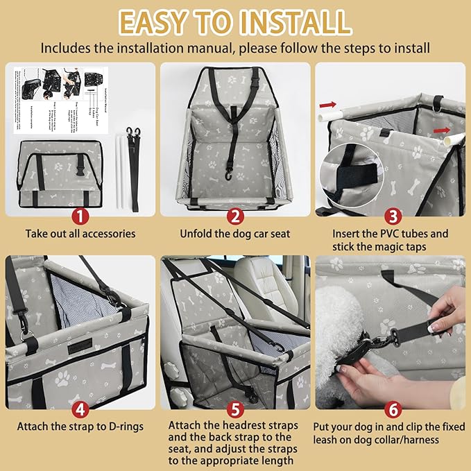 PetsHome Dog Car Seat Foldable Dog Car Booster Seat Waterproof Breathable Oxford Travel Bag for Small to Medium Dogs, Puppies, and Pets-Pattern Grey