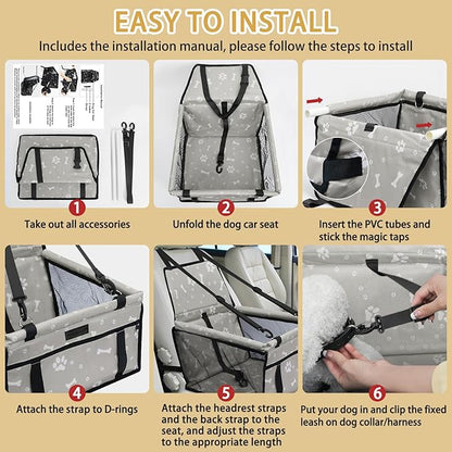 PetsHome Dog Car Seat Foldable Dog Car Booster Seat Waterproof Breathable Oxford Travel Bag for Small to Medium Dogs, Puppies, and Pets-Pattern Grey