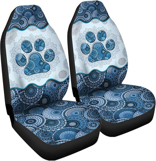 Blue Boho Mandala Dog Paw Printed Car Seat Cover only for Front, Waterproof Soft Universal Bucket Seats Cover Protector Fit Most Vehicles