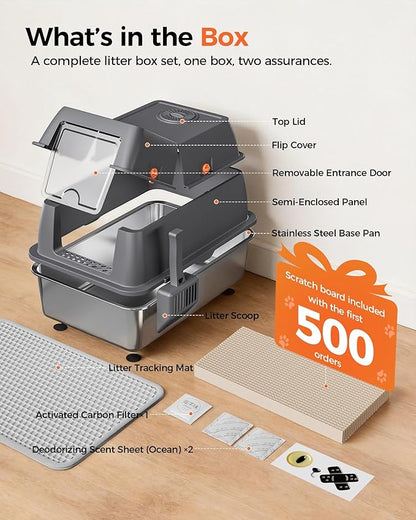 GTPLAYER XXL Stainless Steel Cat Litter Box with Lid, High Sided Enclosed Covered Litterbox, Activated Carbon Odor Control, Extra Large Metal Cat Box, Non-Stick, with Mat & Scoop, Grey