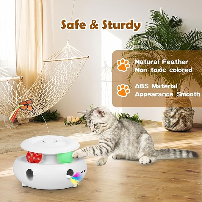 Cat Toys, 3-in-1 Interactive Cat Toy for Indoor Cats, Rechargeable Automatic Kitten Toy with Fluttering Butterfly, Moving Feather, Smart Sensor 6 Holes Whack-A-Mole & Track Balls (White)