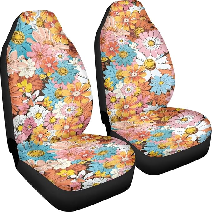 Groovy Hippie Flower Daisy Car Seat Covers Full Set of 2, Cloth Seat for Auto Front Seats, Black Seat Covers Cars Washable Breathable Car Accessories for Sedan Truck SUV