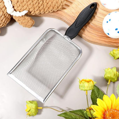 Stainless Steel Mesh Litter Shovel, Fine Mesh Metal Reptile Litter Cleaner Scooper, Black Non-Slip Handle Sifter for Lizard Substrate Reptile Terrarium Sand Waste