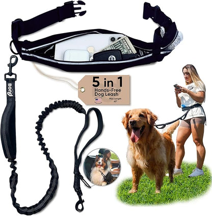 Bond Dog Running Leash Hands Free with Pouch, Hands Free Leash for Large Dogs, Pet Lead Running Belt for Walking & Canicross Belt, Includes Waist Jogging Fanny Pack & Pet Car Seat Belt Safety