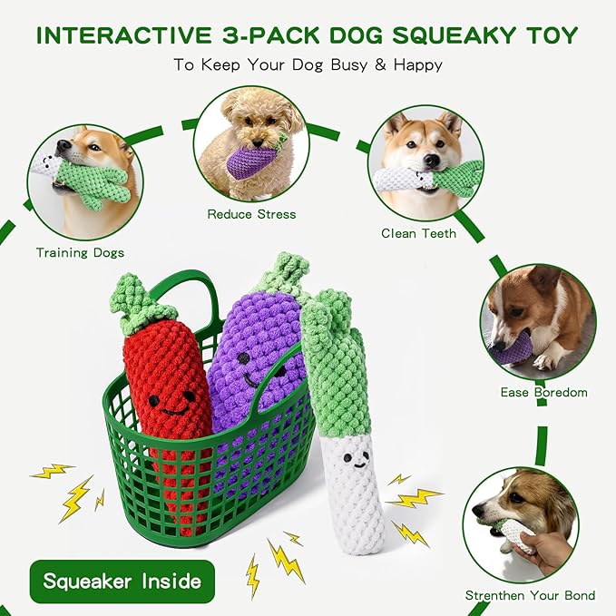 Puffluv 3-Pack Dog Squeaky Toys Set,Plush Squeaky Pet Toy Pack for Small Medium Dogs, Soft Durable Interactive Play Set with Variety Figures