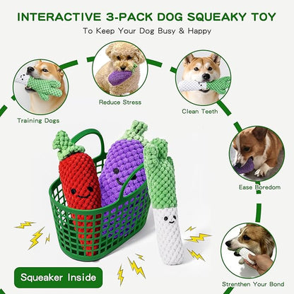 Puffluv 3-Pack Dog Squeaky Toys Set,Plush Squeaky Pet Toy Pack for Small Medium Dogs, Soft Durable Interactive Play Set with Variety Figures