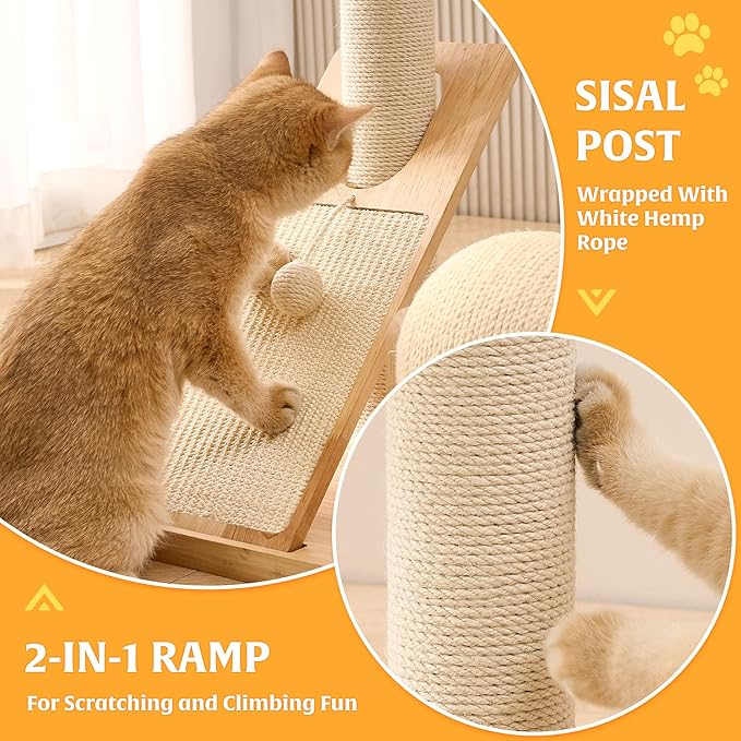 HITTITE Solid Wood Cat Tree Tower with Scratching Post, 36.6 Inches Tall Cat Towers with Scratching Board and Scratcher Ball, Modern Cat Tower With Space Capsule and Hand-Woven Basket for Indoor Cats.