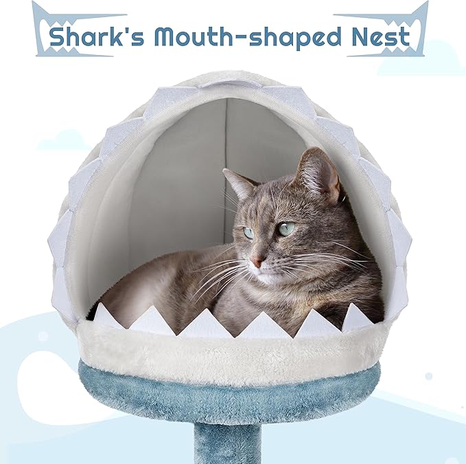 Yaheetech 45.5in Ocean-Themed Cat Tree Multi-Level Cat Tower, Plush Pet Furniture with Shark's Mouth-Shaped Nest, Sea Star-Shaped Perch, Jellyfish-Style Hammock for Indoor Kitty