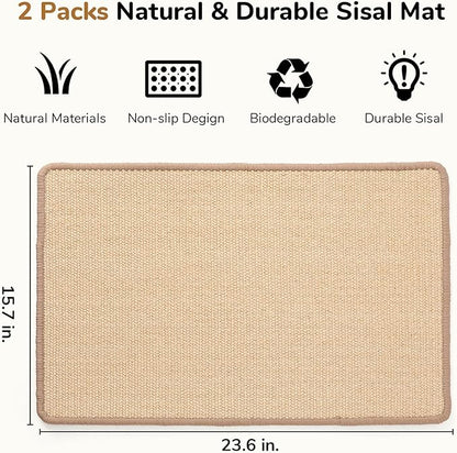 FUKUMARU 2 Packs Cat Scratching Mat, 23.6 x 15.7 Inch Natural Sisal Cat Scratch Pad Mats for Indoor Cats, Horizontal Cats Wall Scratcher Kitten Floor Rug with Sticky Tape, Furniture Protector