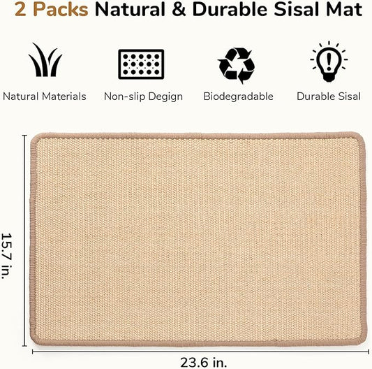 FUKUMARU 2 Packs Cat Scratching Mat, 23.6 x 15.7 Inch Natural Sisal Cat Scratch Pad Mats for Indoor Cats, Horizontal Cats Wall Scratcher Kitten Floor Rug with Sticky Tape, Furniture Protector