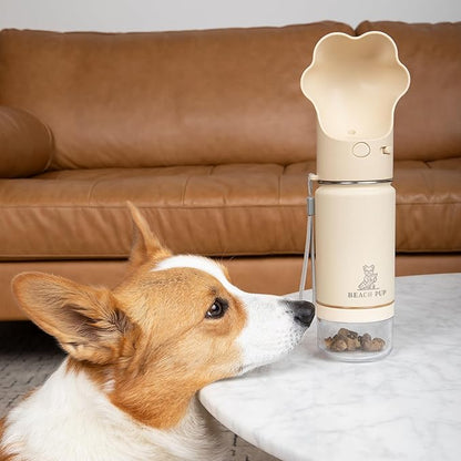 Dog Portable Water Bottle Stainless Steel 10 oz with Food Container - Pet Water Bottle - Cream Portable Dog Water Dispenser with Bowl and Container