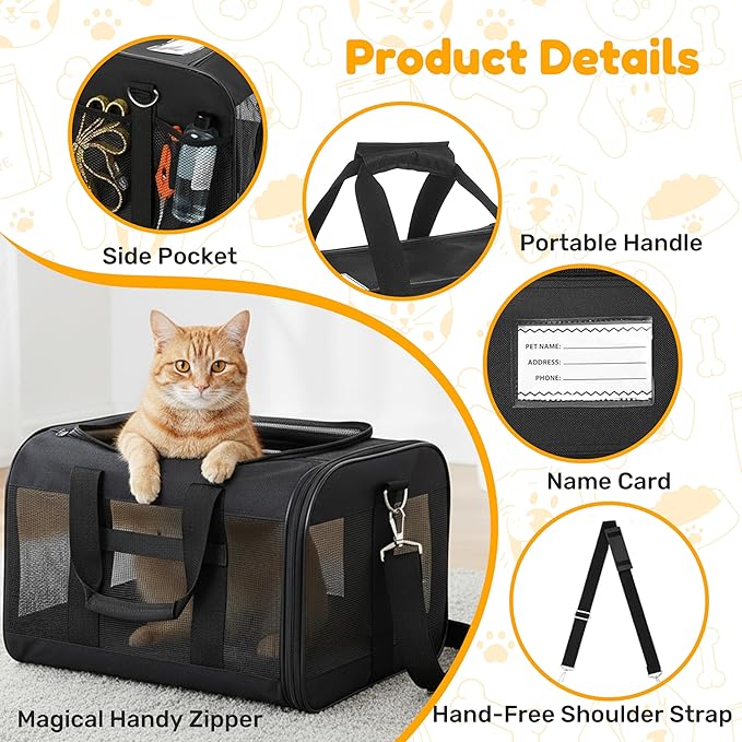 Simple Deluxe Airline-Approved Cat Carrier, 17" x 12" x 12", Soft-Sided Pet Carrier for Cats, Small Dogs, Kittens & Puppies up to 17 lbs, Durable & Collapsible Travel Carrier, Black