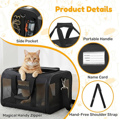 Simple Deluxe Airline-Approved Cat Carrier, 17" x 12" x 12", Soft-Sided Pet Carrier for Cats, Small Dogs, Kittens & Puppies up to 17 lbs, Durable & Collapsible Travel Carrier, Black