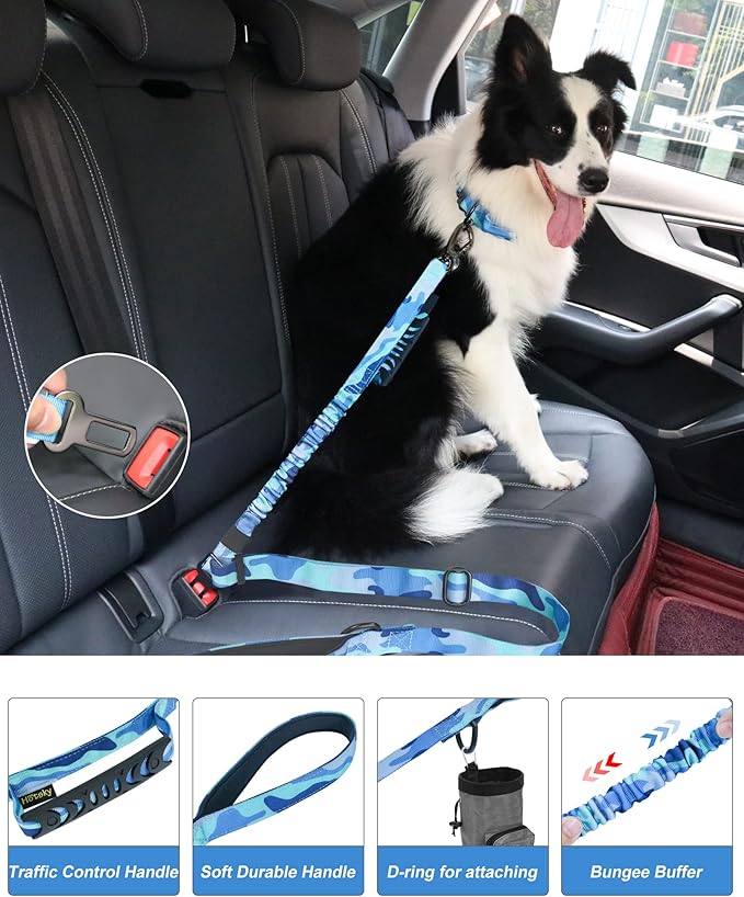 Hotsky Tactical Dog Leash Heavy Duty for Medium Large Dogs that Pull,4-6Ft Strong Bungee Shock Absorbing No Pull Dog Leash with Padded Double Handle and Car Seatbelt,Blue Camo