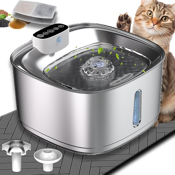 [Upgraded] Wireless Cat Water Fountain, 3.2L/108oz Battery Operated Pet Fountain Stainless Steel, Automatic Cat Drinking Fountain Cordless & Rechargeable with Motion Sensor, 2 Filters and 1 mat