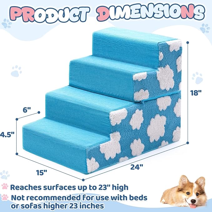 Jetec Dog Stairs for Bed 18" H 4-Step Bottom Foldable Non Slip Foam Dog Pet Stairs 2 in 1 Jacquard Shaggy Plush for High Bed Couch and Sofa Chairs Small Medium Dogs Cats