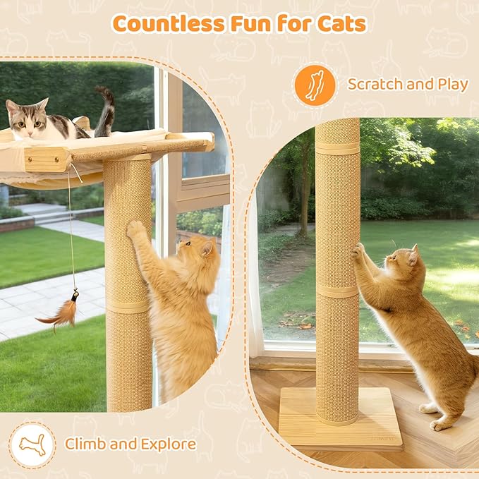 54.3" Cat Window Perch with 3 Adjustable Roman Column Sisal Posts, White Rabbit Fleece Cushions, Drill-Free Suction Cups, Multi-Level Climbing Perch, 60 lbs Capacity
