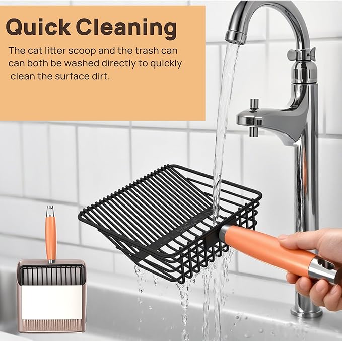 Heavy Duty Metal Cat Litter Scoop with Holder - Broom and Dustpan Set - Quick-Sifting Mesh for Clump-Free Cleaning, Compatible with Most Litter Types