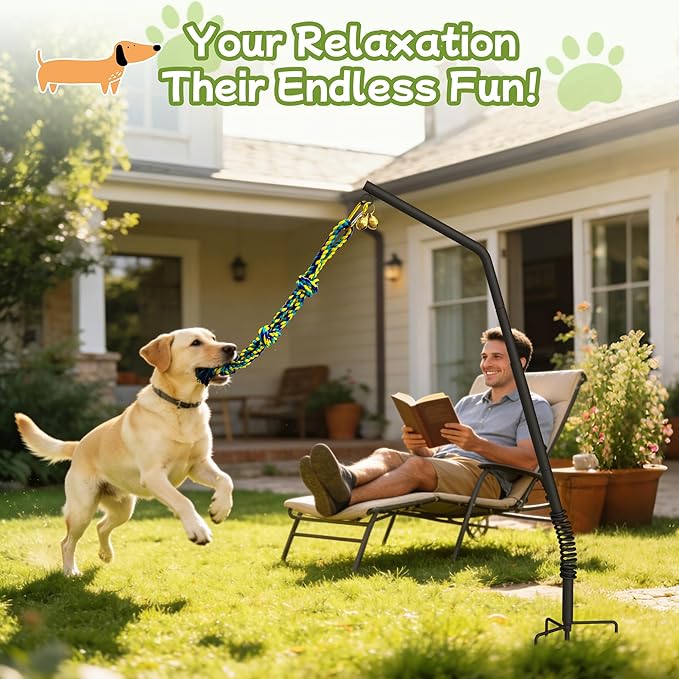 Tether Outdoor Dog Rope Toy with Adjustable Height Spring Pole, 3 Kinds Dog Tug of War Toys for Self Play and Interactive in Park, Yard, Lawn Rope, Suitable for Energetic Dog