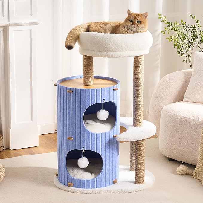 Modern Cat Tree for Indoor Cats Large Adult, 36in H Cat Tree Tower with Scratching Posts, Cozy Cat Bed Cave, Washable Cushions, Dangling Balls, Play&Nap Cat House Condo for All Breeds, Blue