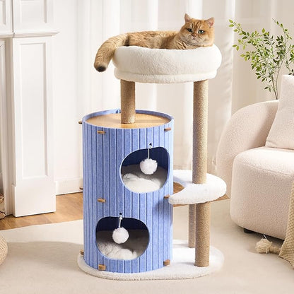 Modern Cat Tree for Indoor Cats Large Adult, 36in H Cat Tree Tower with Scratching Posts, Cozy Cat Bed Cave, Washable Cushions, Dangling Balls, Play&Nap Cat House Condo for All Breeds, Blue