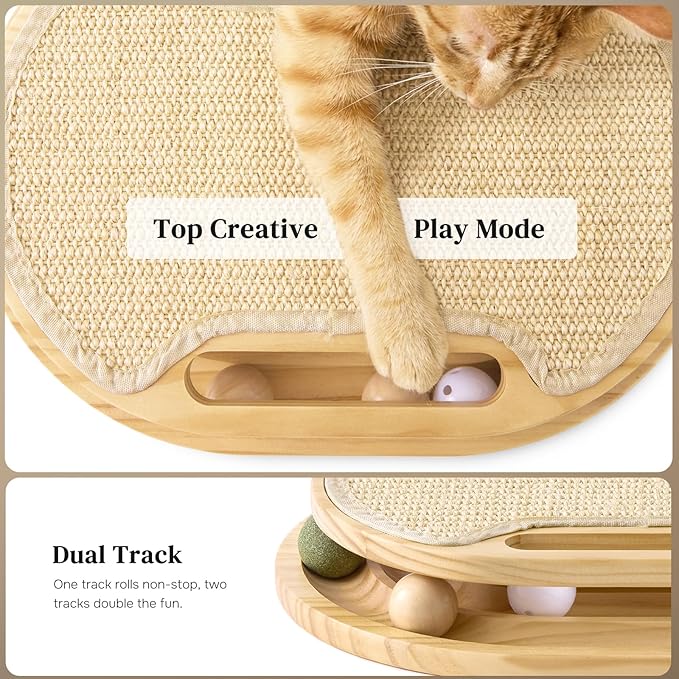 Cat Scratcher with Ball Track Toy, Large Sisal Scratch Pad for Indoor Adult Cats, Wooden Interactive Cat Puzzle Toys for Kitten Mental Stimulation Self Play Home Enrichment