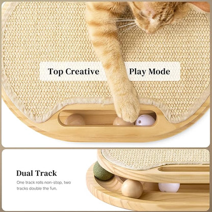 Cat Scratcher with Ball Track Toy, Large Sisal Scratch Pad for Indoor Adult Cats, Wooden Interactive Cat Puzzle Toys for Kitten Mental Stimulation Self Play Home Enrichment