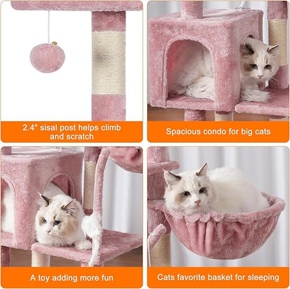Heybly Cat Tree with Toy, Cat Tower Condo for Indoor Cats, Cat House with Padded Plush Perch, Cozy Hammock and Sisal Scratching Posts, Skin Pink HCT004SP