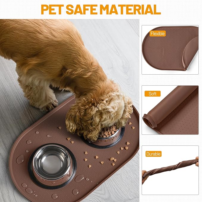 Hubulk 100% Waterproof Silicone Pet Feeding Mat with Raised Edge for Food and Water, Dog Bowl Mats, Cat Bowls Placemat with High Lip Protects Floor for Cats and Dogs (Brown, 32" L x 24" W)