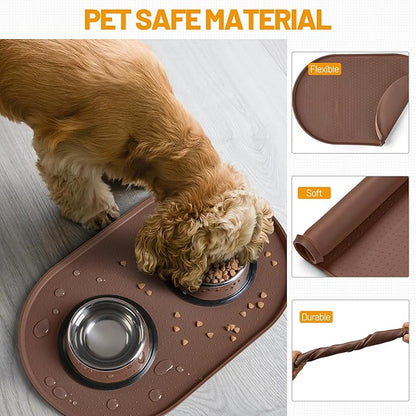Hubulk 100% Waterproof Silicone Pet Feeding Mat with Raised Edge for Food and Water, Dog Bowl Mats, Cat Bowls Placemat with High Lip Protects Floor for Cats and Dogs (Brown, 32" L x 24" W)